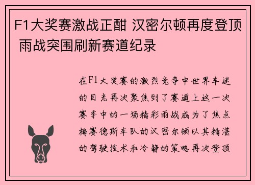 F1大奖赛激战正酣 汉密尔顿再度登顶 雨战突围刷新赛道纪录
