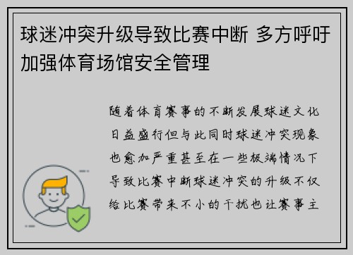 球迷冲突升级导致比赛中断 多方呼吁加强体育场馆安全管理