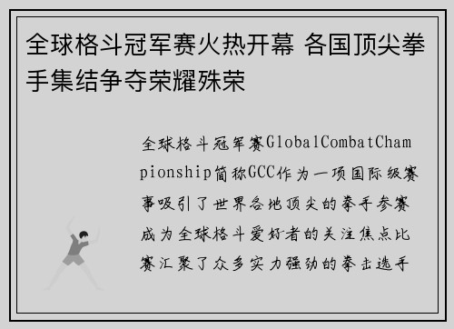 全球格斗冠军赛火热开幕 各国顶尖拳手集结争夺荣耀殊荣