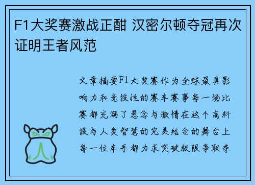 F1大奖赛激战正酣 汉密尔顿夺冠再次证明王者风范