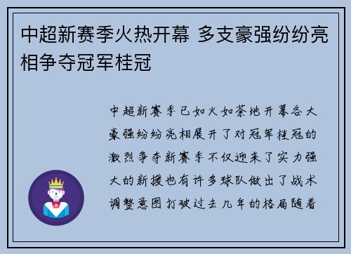 中超新赛季火热开幕 多支豪强纷纷亮相争夺冠军桂冠