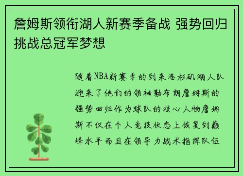 詹姆斯领衔湖人新赛季备战 强势回归挑战总冠军梦想