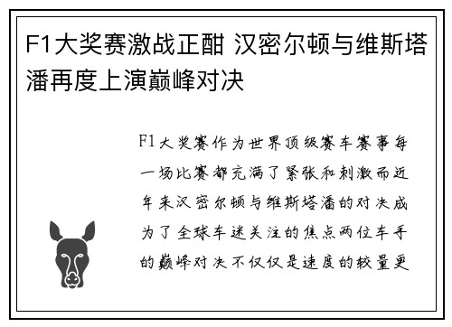 F1大奖赛激战正酣 汉密尔顿与维斯塔潘再度上演巅峰对决