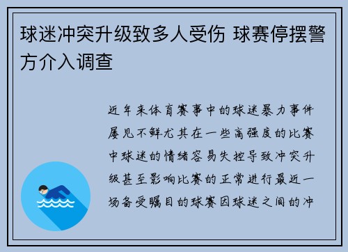 球迷冲突升级致多人受伤 球赛停摆警方介入调查